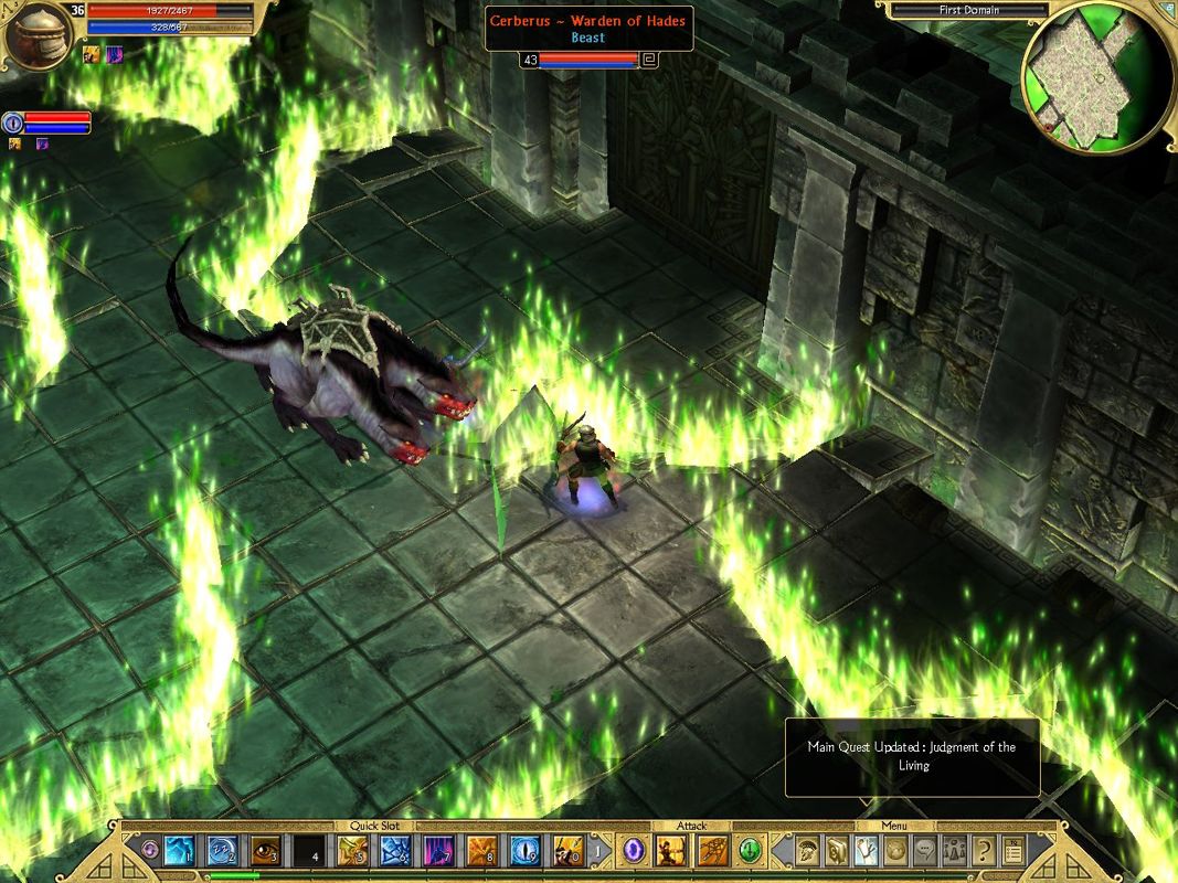 Titan Quest: Immortal Throne (Windows) screenshot: Cerberus tries to stop your progress.