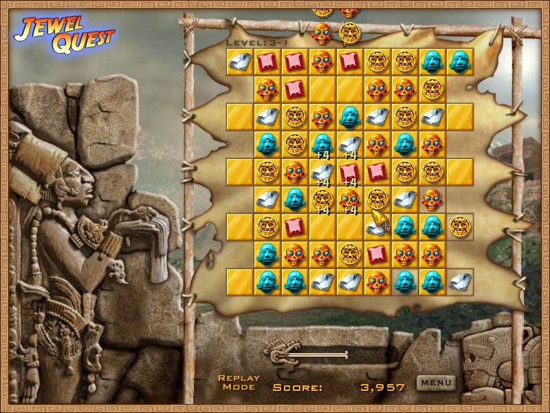 Jewel Quest (Windows) screenshot: After clearing a few squares, random items are quickly dropped from the top of the screen to refill the board