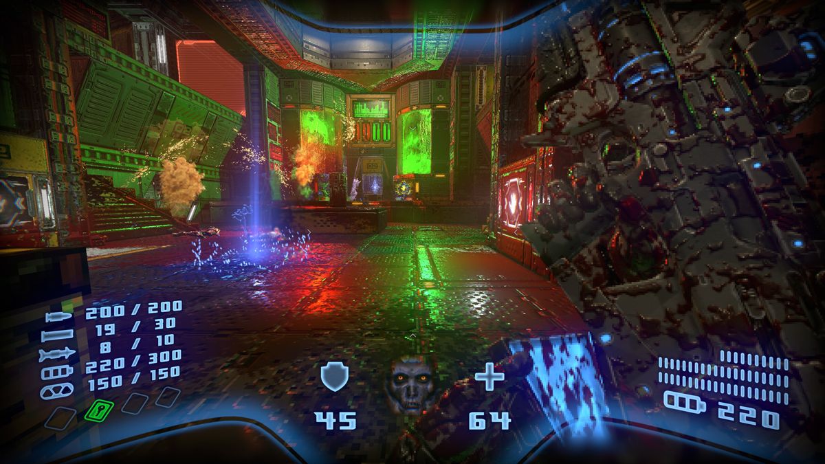 Prodeus (Windows) screenshot: Neon mayhem in The Forge level. This weapon is being reloaded and is also covered in guts from exploded enemies (v0.2.4 Early Access version).
