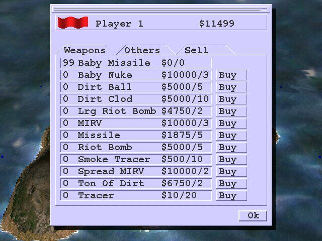 Scorched 3D (Windows) screenshot: Do some weapons shopping.