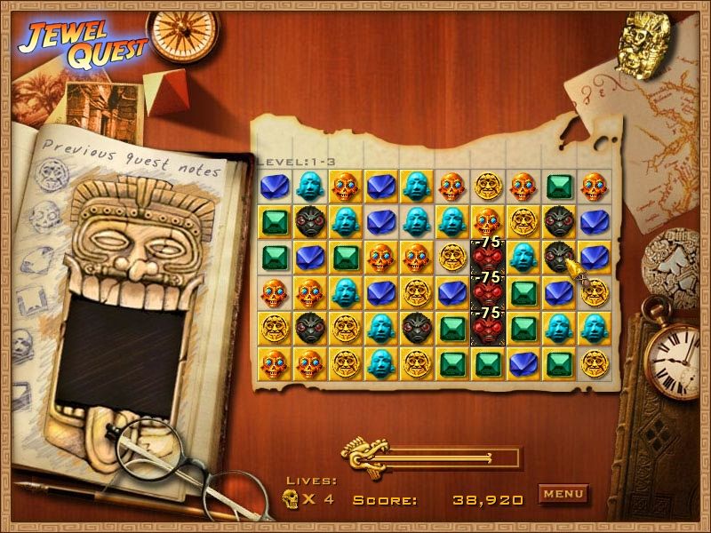 Jewel Quest (Windows) screenshot: After completing the game on the first difficulty level Jewel Quest starts all over again, but adds cursed relics that remove the layer of gold if not matched in a combo