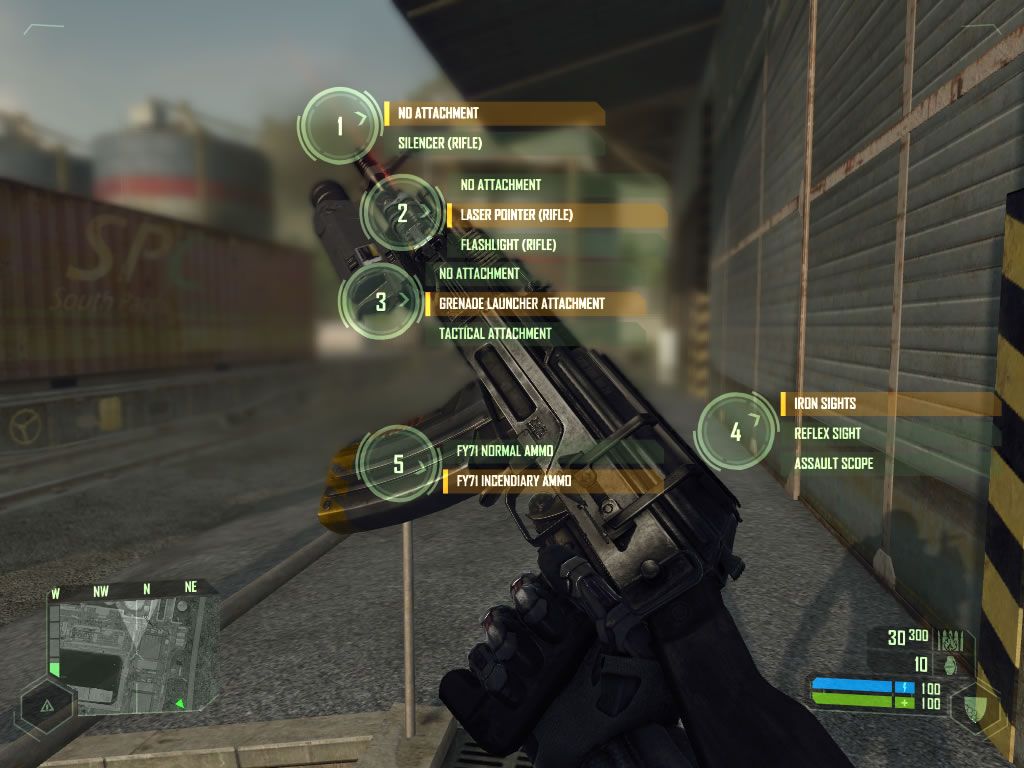 Crysis (Windows) screenshot: Different enhancements are available for each of the weapons.