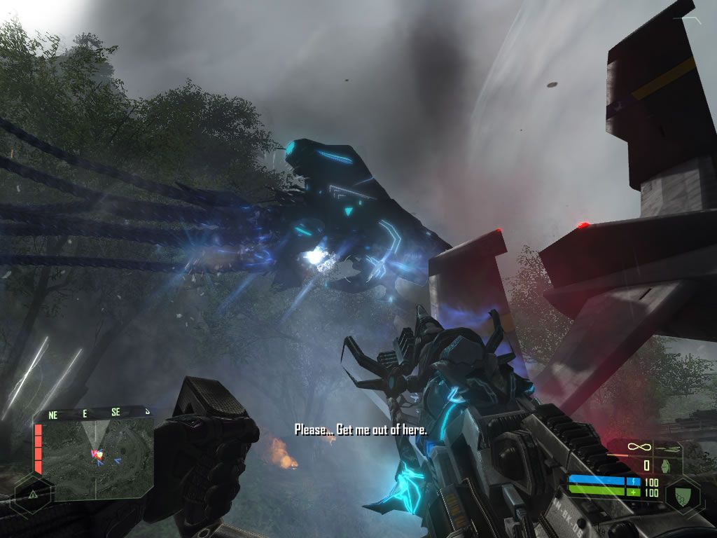 Crysis (Windows) screenshot: Attacking a flying creature with an alien weapon.