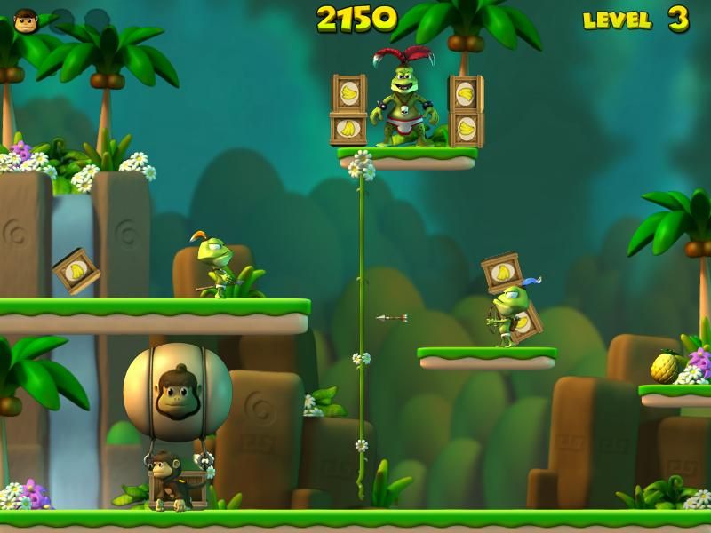Darwin the Monkey (Windows) screenshot: In level 3, it is like level 1 but I need more bananas and the frogs shoot arrows.