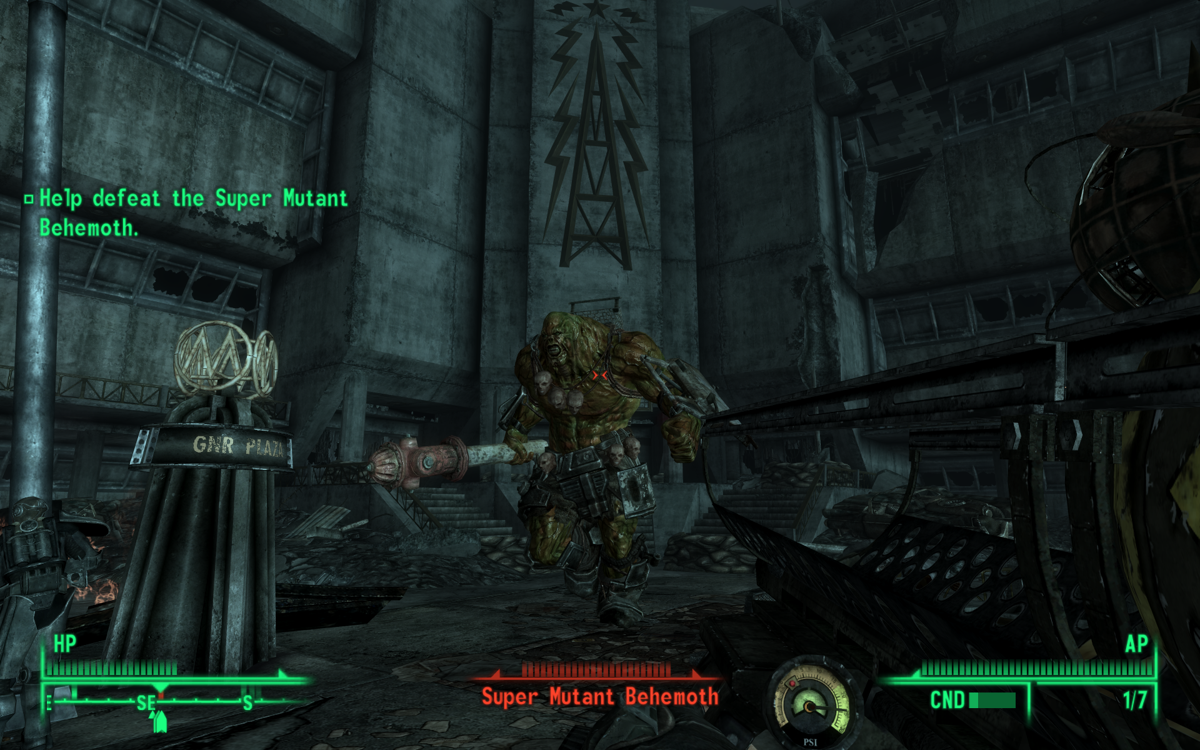 Fallout 3 (Windows) screenshot: That Super Mutant Behemoth is huge, but I've got a huge weapon...