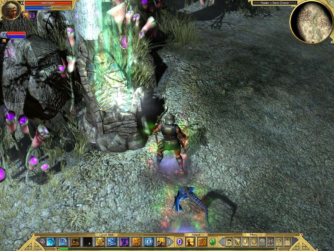 Titan Quest: Immortal Throne (Windows) screenshot: Rebirth fountains are decorated with a nice skull.