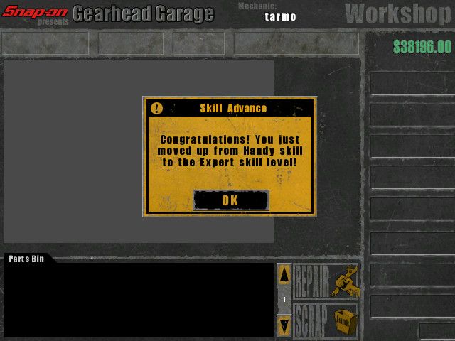 Snap-on presents Gearhead Garage: The Virtual Mechanic (Windows) screenshot: Moved up from handy skill to the expert skill level.