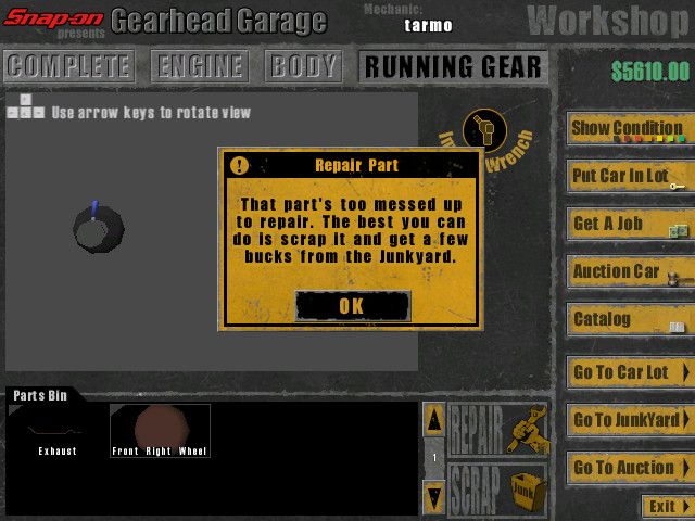Snap-on presents Gearhead Garage: The Virtual Mechanic (Windows) screenshot: Some parts are not repairable.