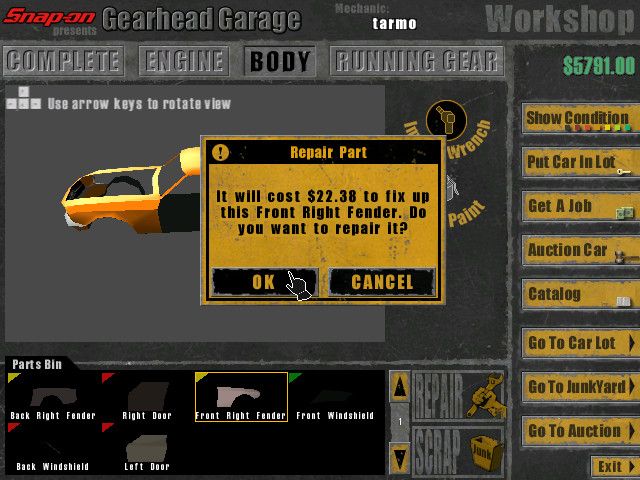 Snap-on presents Gearhead Garage: The Virtual Mechanic (Windows) screenshot: Repairing the front right fender.