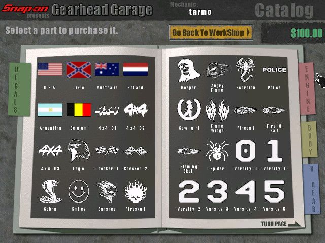 Snap-on presents Gearhead Garage: The Virtual Mechanic (Windows) screenshot: You can buy decals, engine, body and running gear parts from Catalog
