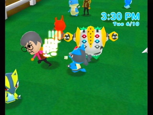 My Pokémon Ranch (Wii) screenshot: An unfortunate rancher becomes a punching bag.