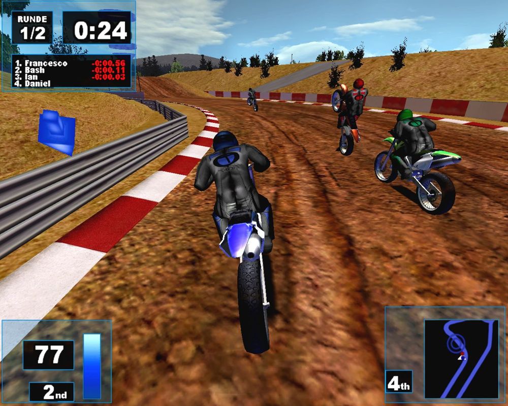 Ultimate Motorcross (Windows) screenshot: Opponent doing a wheelie while applying nitro.