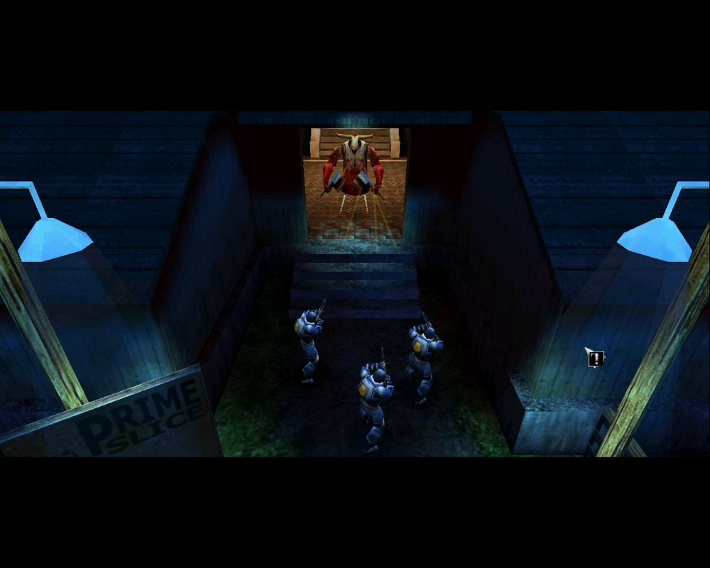 Sanity: Aiken's Artifact (Windows) screenshot: Cops try to bring down a zombified butcher cow with little success.