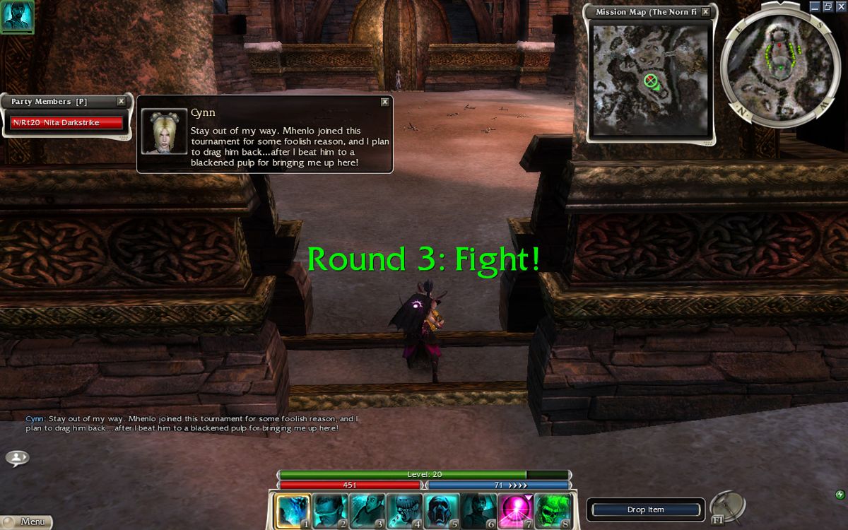 Guild Wars: Eye of the North (Windows) screenshot: The Norn Fighting Tournament - meet NPC's from all campaigns and fight them in a six-round-tournament. The NPC's using special builds (terra tank, spirit spammer, 55hp monk, even a "bunny thumper"...)