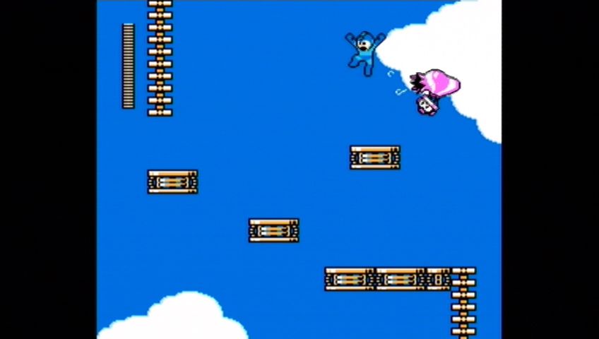 Mega Man 9 (Xbox 360) screenshot: Shoot these robots in their balloon, and they will wildly deflate across the screen.