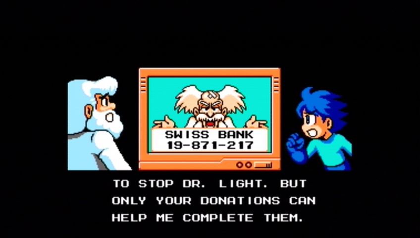 Mega Man 9 (Xbox 360) screenshot: What a surprise that Dr. Wily has a Swiss Bank account.