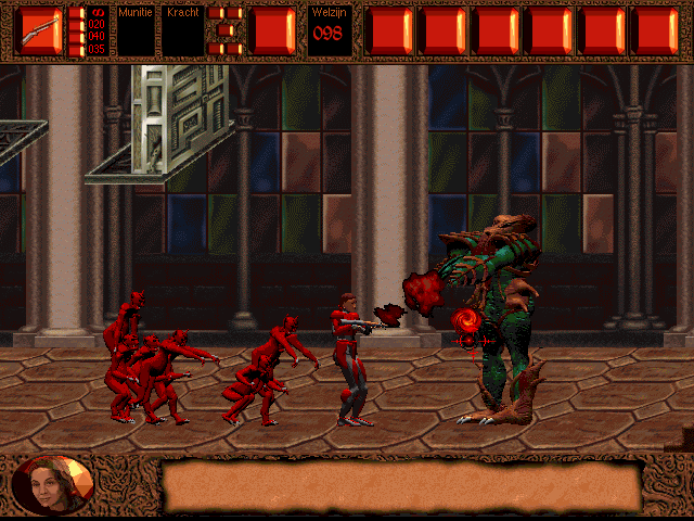 Dark Angael (Windows) screenshot: The green baddie is easier to defeat than one initially expects.