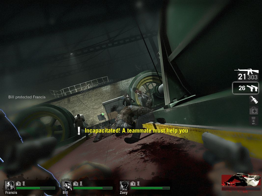 Left 4 Dead (Windows) screenshot: I'm down and waiting for a companion to help me up.