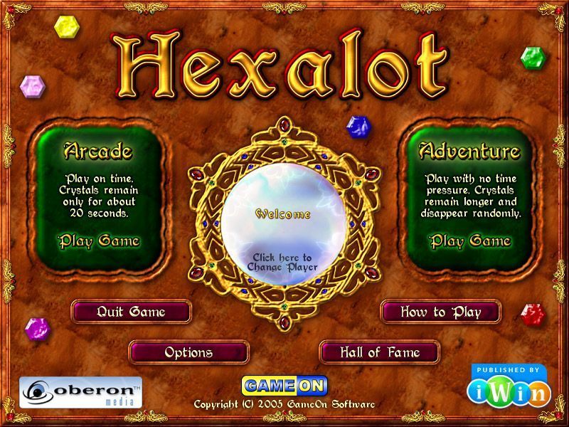 Hexalot (Windows) screenshot: The main game screen. This is the first time the game has been played so, as can be seen from the centre circle, no player has been registered yet