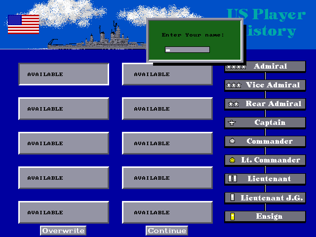 World War II: Battles of the South Pacific (DOS) screenshot: US player selection
