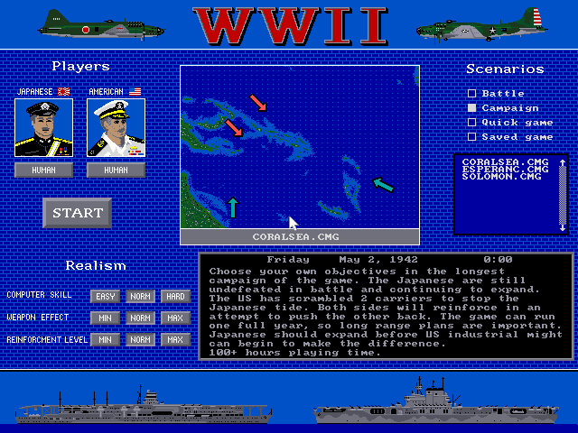 World War II: Battles of the South Pacific (DOS) screenshot: Main menu