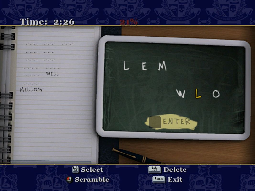 Bully: Scholarship Edition (Windows) screenshot: English class requires the player to build words out of pre-defined letters.