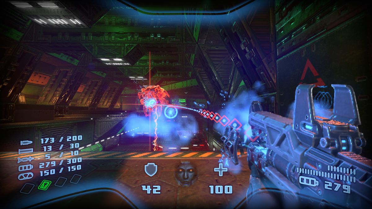 Prodeus (Windows) screenshot: The plasma rifle has a homing beacon you can use to home in on enemies (v0.2.4 Early Access version).