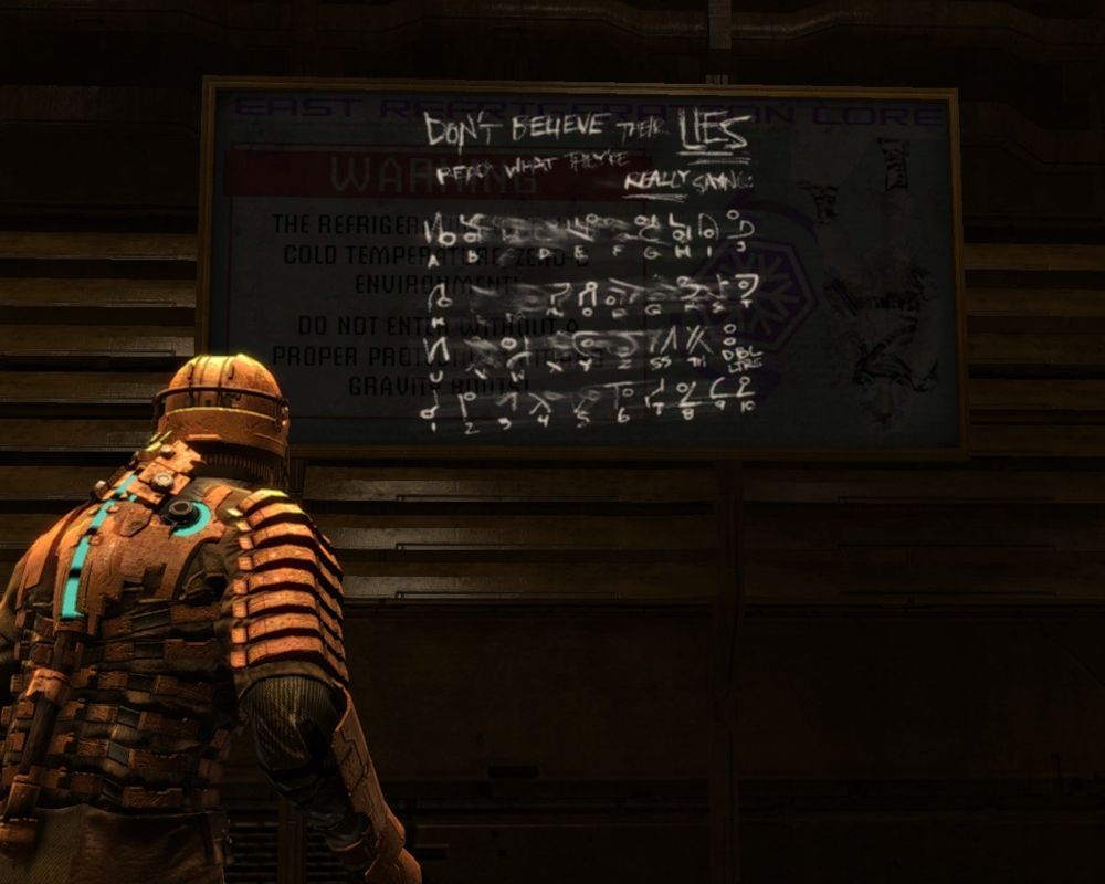 Dead Space (Windows) screenshot: You've found the table to decipher the Alien letters.