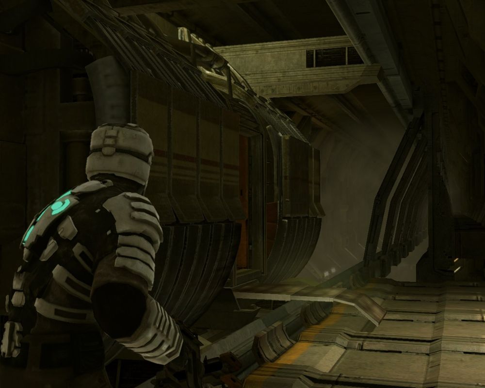 Dead Space (Windows) screenshot: Near the tram in the suit of 6th level (available in the game played after the finish of the first sequence of gameplay).