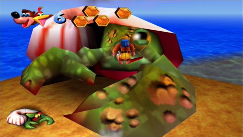 Banjo-Kazooie (Xbox 360) screenshot: Nipper the crab cuts Banjo down to size