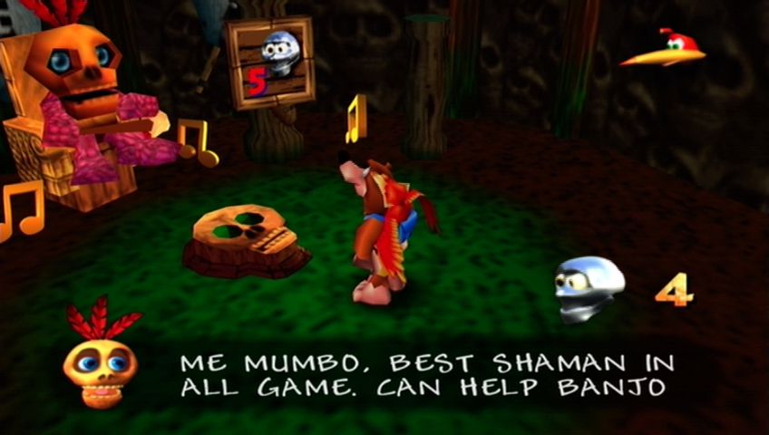 Banjo-Kazooie (Xbox 360) screenshot: Mumbo Jumbo, the boastful shaman, needs tokens to perform his magic