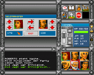 Jaktar: Der Elfenstein (Amiga) screenshot: Transferring money between members of the party