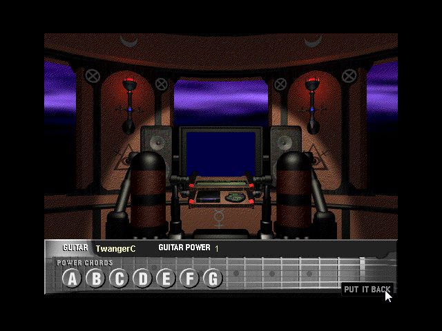 Total Distortion (Windows 3.x) screenshot: Trying to play a newly bought guitar.