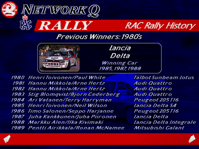 Rally Championship: International Off-Road Racing (DOS) screenshot: RAC Rally history