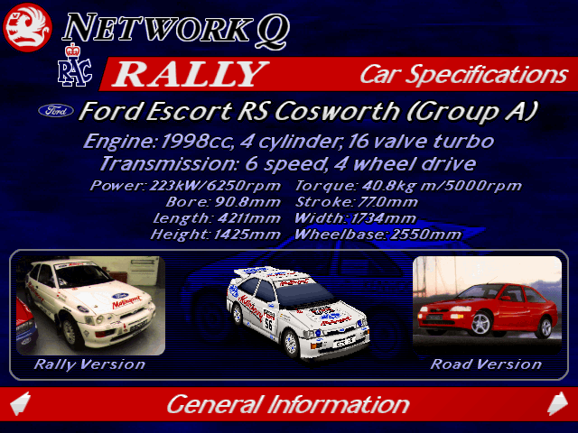 Rally Championship: International Off-Road Racing (DOS) screenshot: Car specifications