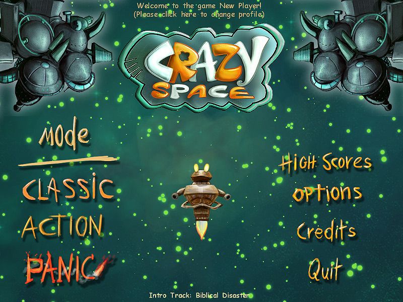 Crazy Space (Windows) screenshot: The main menu. 3d stars in the background, three game modes and other options to choose.