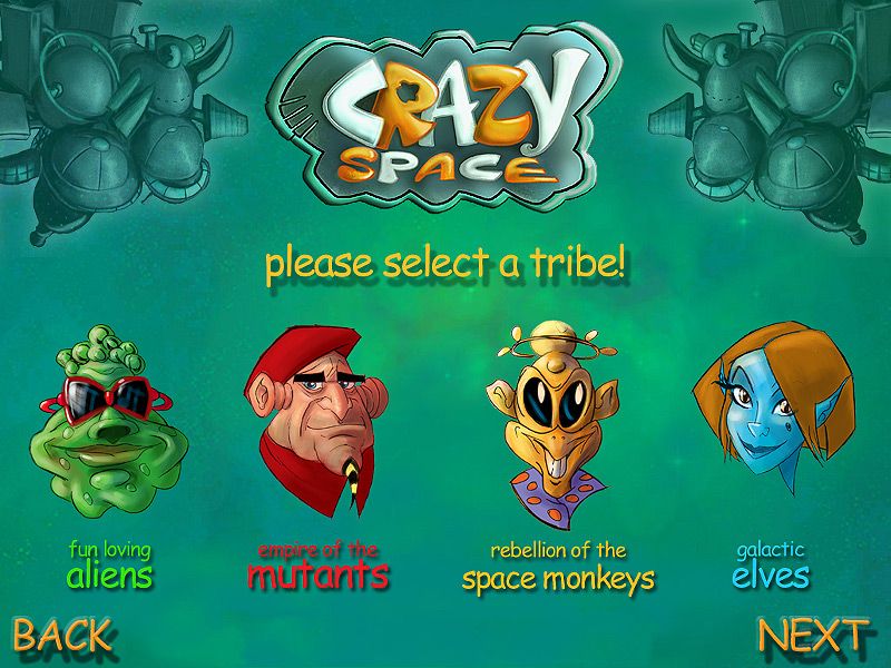 Crazy Space (Windows) screenshot: The character selection screen. Spacey comic characters :)