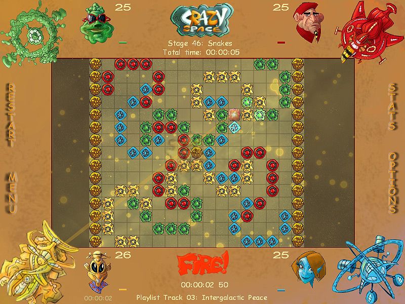 Crazy Space (Windows) screenshot: Four player game in a more dense board. In the action mode, laser are emitted as you click to capture enemy tiles.
