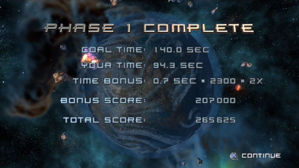 Super Stardust HD (PlayStation 3) screenshot: After you complete a phase, your score is tallied up.
