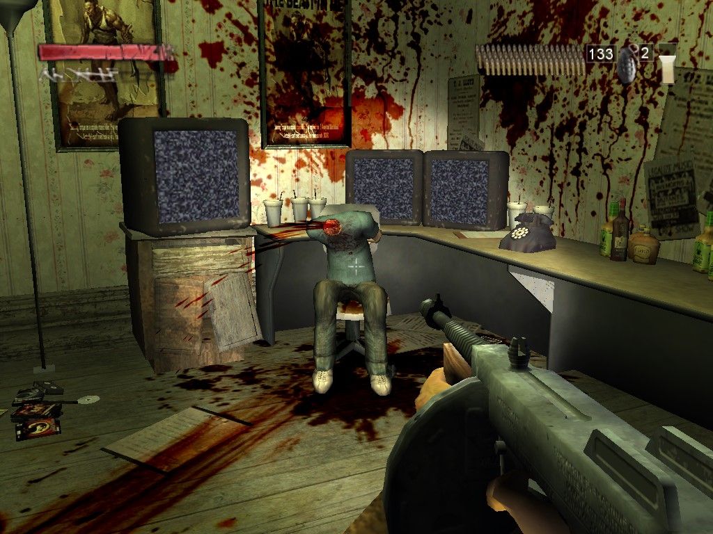 The Suffering: Ties That Bind (Windows) screenshot: The secret room of the developers is somewhat of a... bloody mess.
