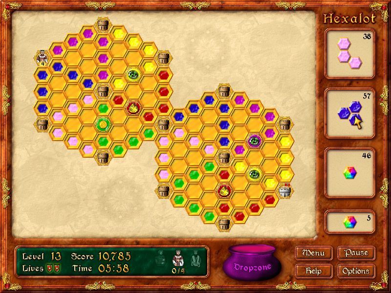 Hexalot (Windows) screenshot: Level thirteen has a single destination point and many fixed colour cells. They're getting much harder by this point in the game