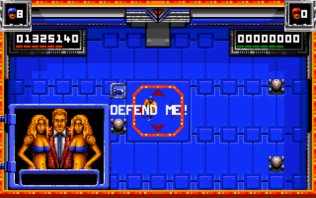Smash T.V. (Amiga) screenshot: The hosts and models torment you throughout the game