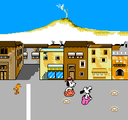 Snoopy's Silly Sports Spectacular (NES) screenshot: Sack hop across the street area to the finish line