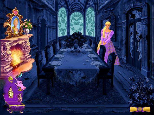 Barbie as Rapunzel: A Creative Adventure (Windows) screenshot: The dining room, in the process of being cleaned.