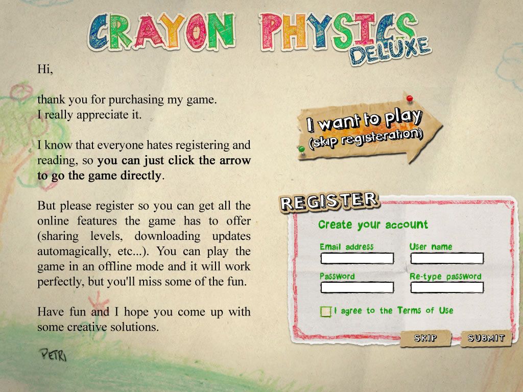 Crayon Physics Deluxe (Windows) screenshot: Registration screen. It is not required, but opens up extra functionalities.