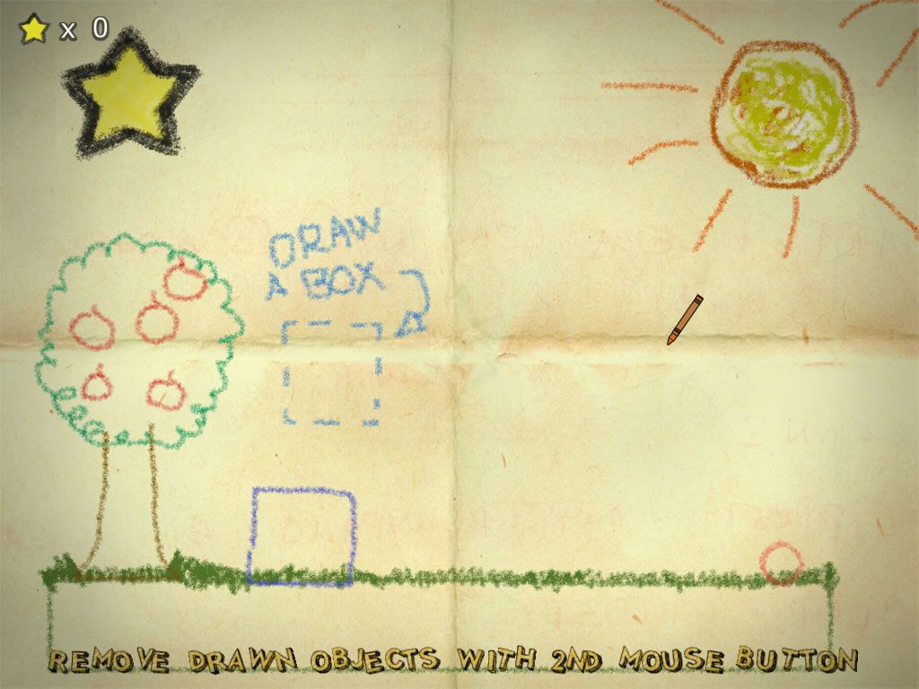 Crayon Physics Deluxe (Windows) screenshot: A familiar level; game mechanics are introduced level by level.