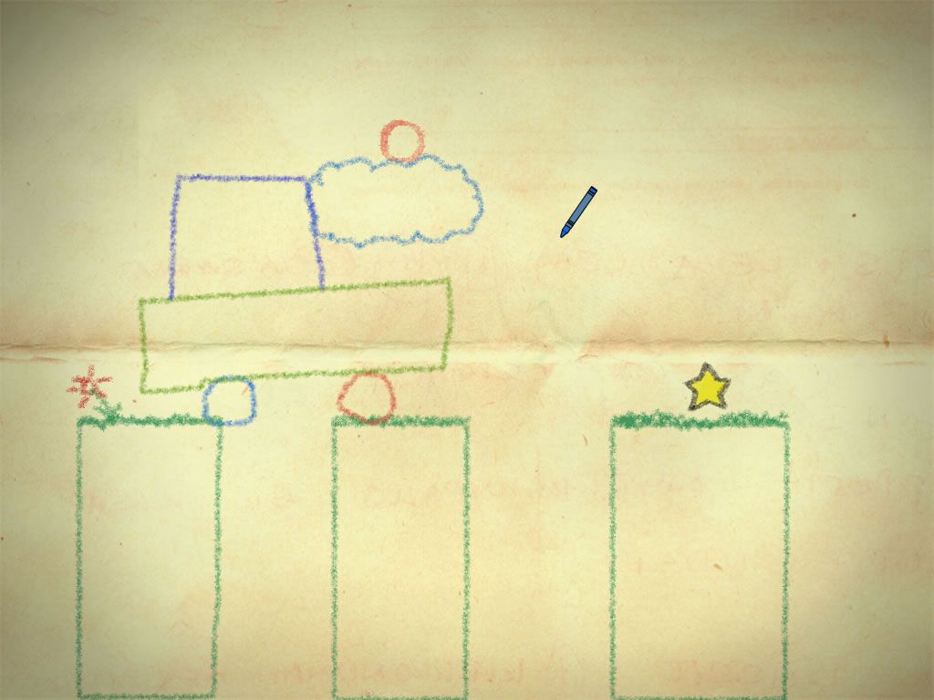 Crayon Physics Deluxe (Windows) screenshot: Looks, it's a car! It would work better if I had drawn pins inside the wheels to connect the shapes.