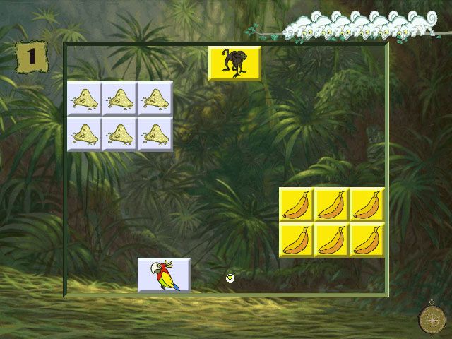 Disney Hot Shots: Disney's Terk & Tantor Power Lunch (Windows) screenshot: Starting out in level 1 with a full complement of 8 chameleons