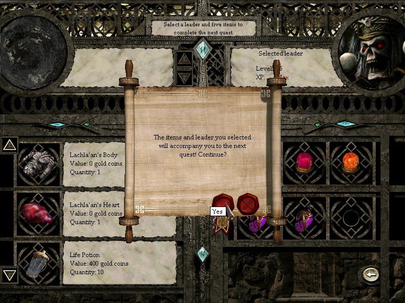 Disciples II: Servants of the Dark (Windows) screenshot: Only one hero can go to the next scenario.