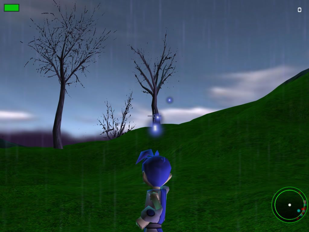 Caster (Windows) screenshot: Shooting a tree with the Pulse weapon.